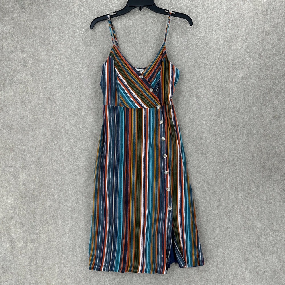 Cozy Casual Striped Button Front Midi Dress Spaghetti Straps 70s Smocked Back LG